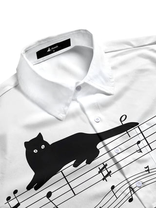 Men's cat music notes print short sleeve shirt side view