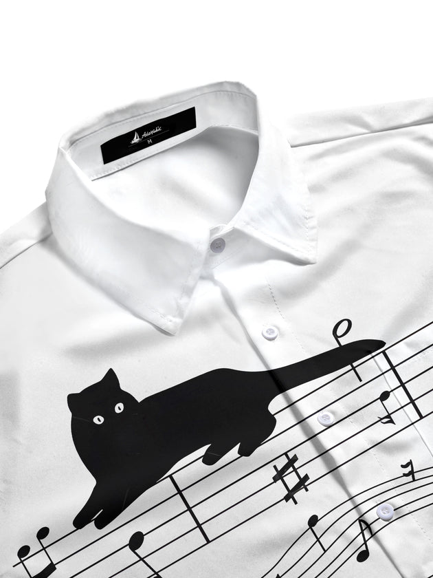 Men's cat music notes print short sleeve shirt side view