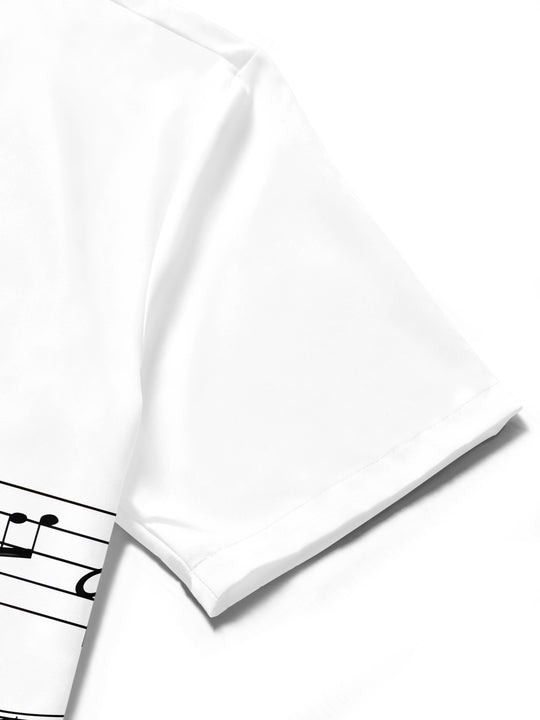 Men's cat music notes print short sleeve shirt close-up fabric texture
