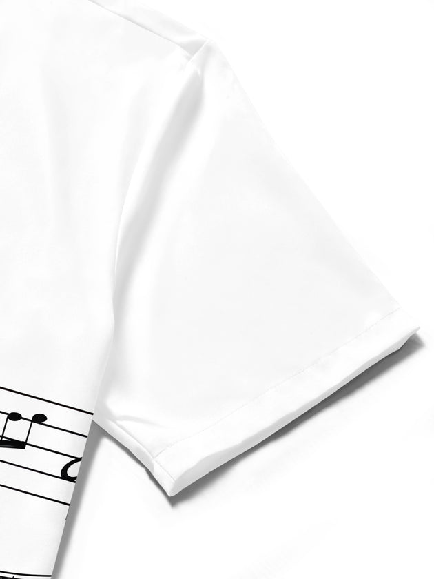 Men's cat music notes print short sleeve shirt close-up fabric texture