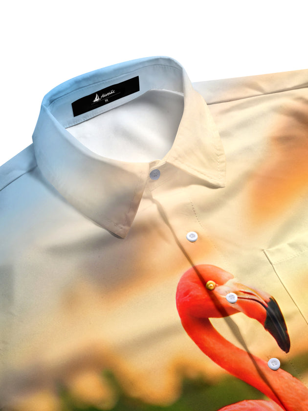 Men's short sleeve aloha shirt with guitar print, side view
