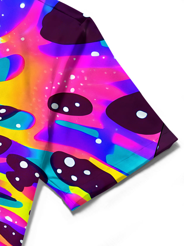 Men's abstract print short sleeve shirt close-up detail showing fabric texture