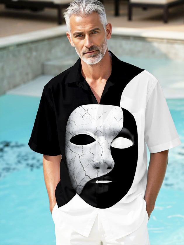 Men's black white mask print short sleeve shirt front view