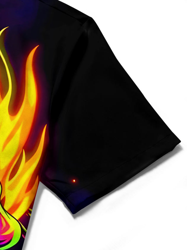 Men's black skull print short sleeve shirt close-up detail view