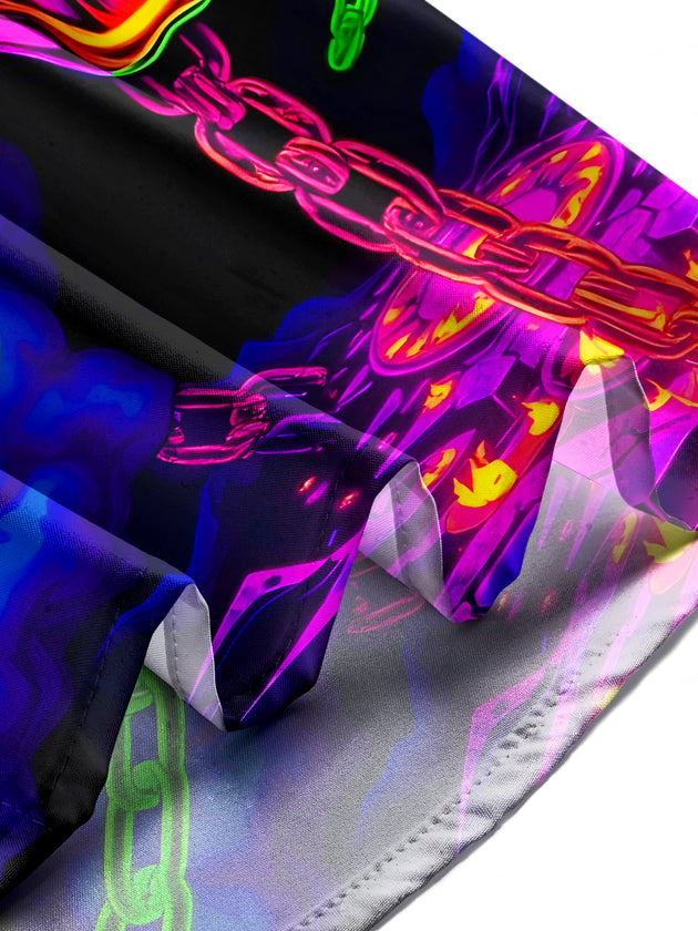 Men wearing flaming skull print short sleeve shirt lifestyle shot