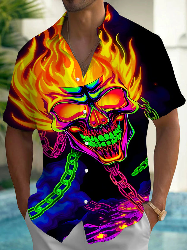 Men's black flaming skull print short sleeve shirt front view