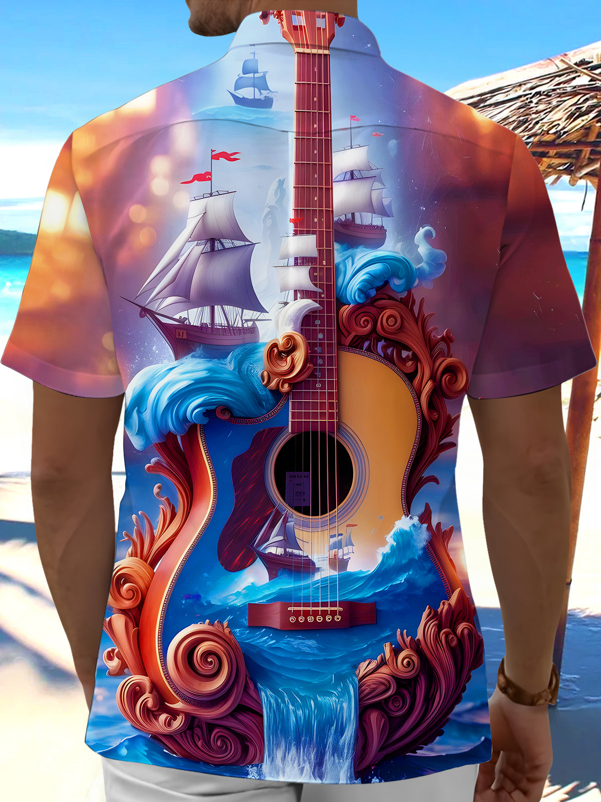 Guitar Sailboat Men's Pocket Short Sleeve Shirts