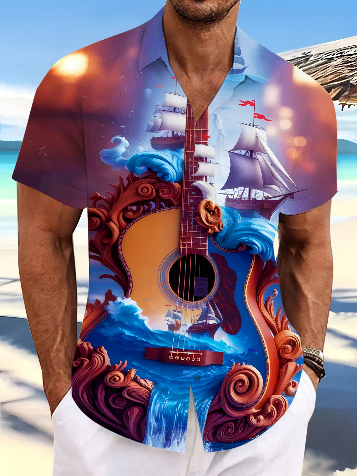Guitar Sailboat Men's Pocket Short Sleeve Shirts