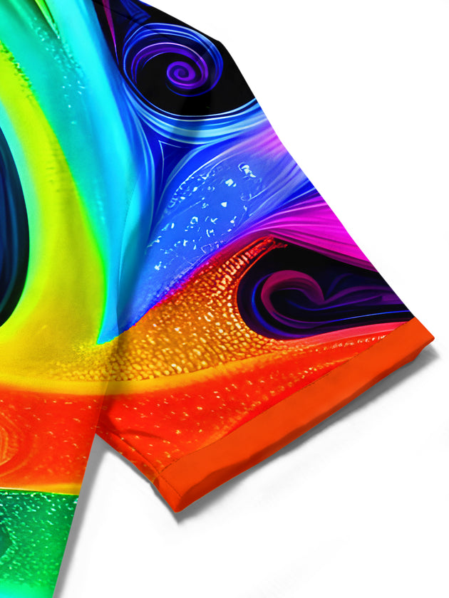 Men's Hawaiian abstract print short sleeve shirt detail close-up
