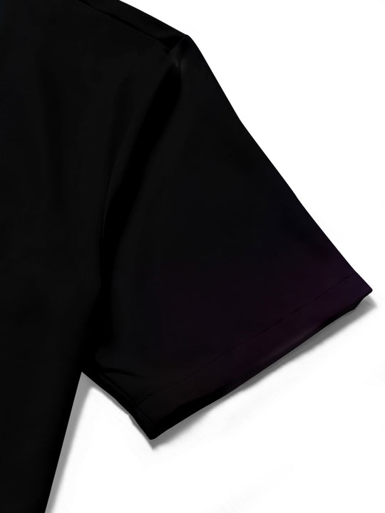 Men's vibrant geometric square print short sleeve shirt close-up texture detail