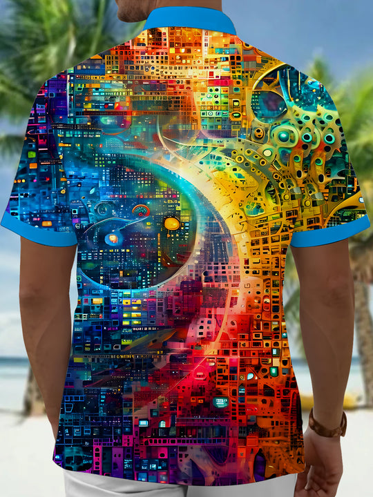 Men's blue abstract print Hawaiian short sleeve shirt back view