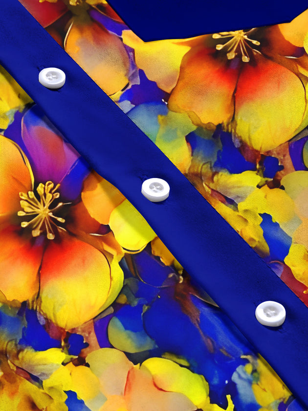 Men's floral short sleeve shirt pocket detail close-up