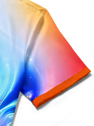 Men's gradient tie dye short sleeve shirt close-up detail of abstract print and pocket stitching