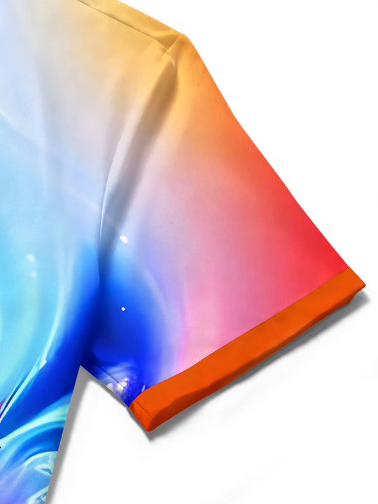 Men's gradient tie dye short sleeve shirt close-up detail of abstract print and pocket stitching