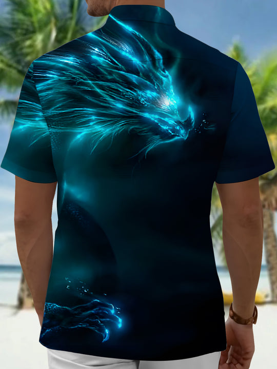 Men's black dragon print short sleeve shirt back view
