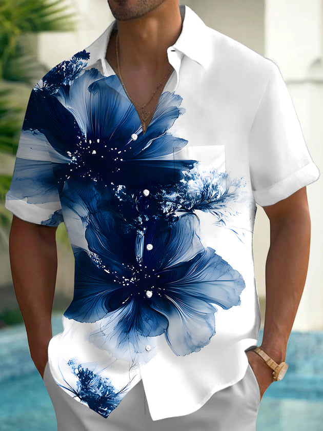 Men's floral pocket short sleeve shirt back view