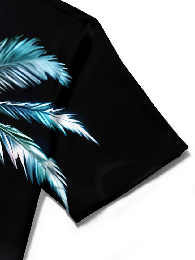 Men's Hawaiian coconut tree short sleeve shirt side view tropical beach vacation lifestyle