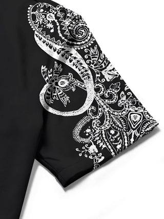 Men's blue floral short sleeve shirt close-up detail view