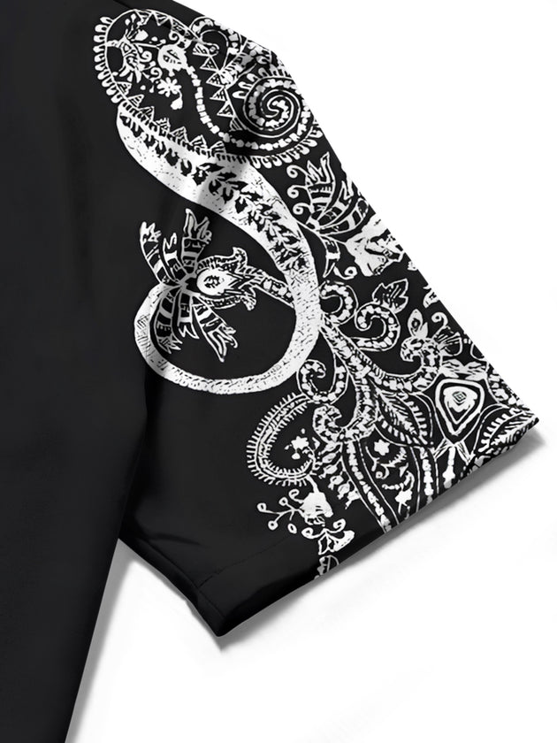 Men's blue floral short sleeve shirt close-up detail view