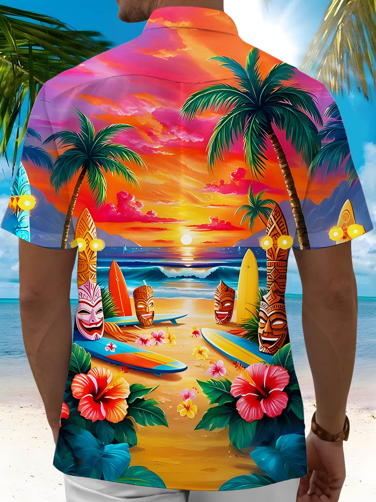 Hawaiian Coconut Tree Tiki Men's Pocket Short Sleeve Shirts