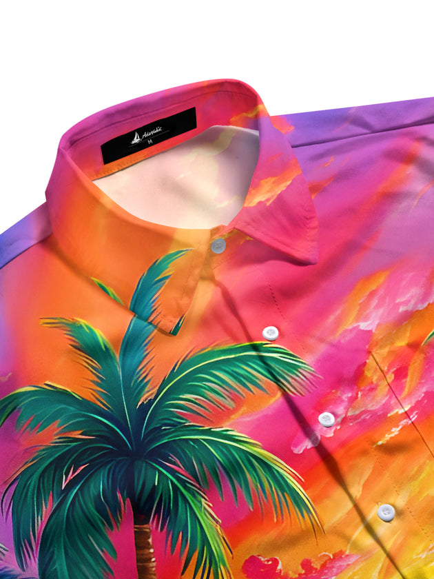 Men's Hawaiian coconut tree tiki pattern short sleeve shirt flat lay