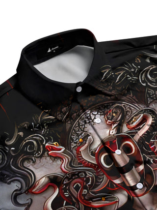 Men's abstract print short sleeve shirt, side view, geometric pattern on casual cotton fabric