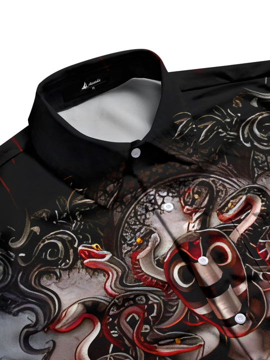 Men's abstract print short sleeve shirt, side view, geometric pattern on casual cotton fabric