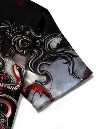 Men's abstract print short sleeve shirt, close-up detail of fabric texture