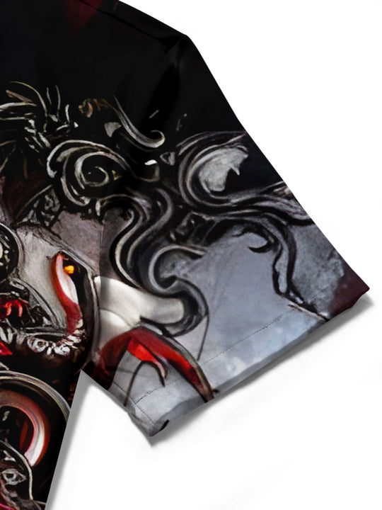 Men's abstract print short sleeve shirt, close-up detail of fabric texture