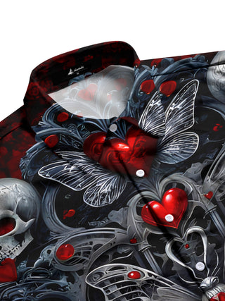 Men's black short sleeve shirt with skull print and butterfly detail, side view