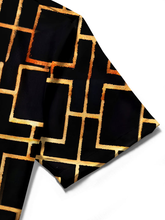 Men's short sleeve shirt geometric print fabric texture close-up view