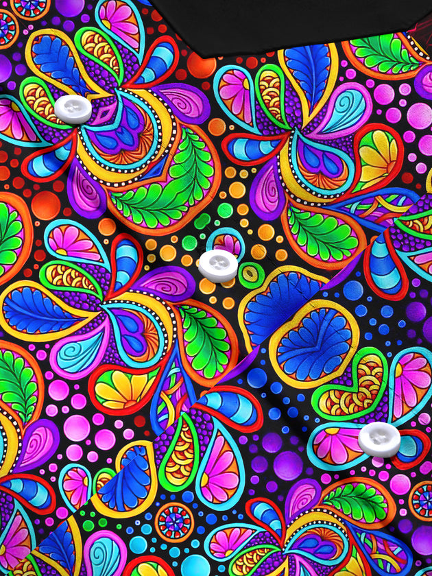 Men's colorful Hawaiian leaves short sleeve shirt close-up detail fabric texture