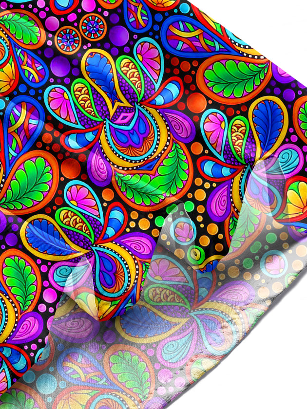 men's colorful Hawaiian leaves short sleeve shirt front view on tropical beach vacation