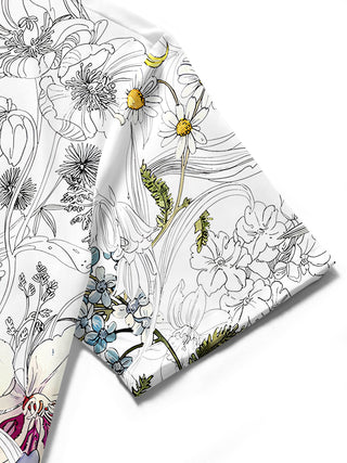 Men's floral short sleeve shirt close-up detail view