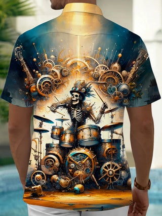 Men's skull drum gears print pocket short sleeve shirt back view