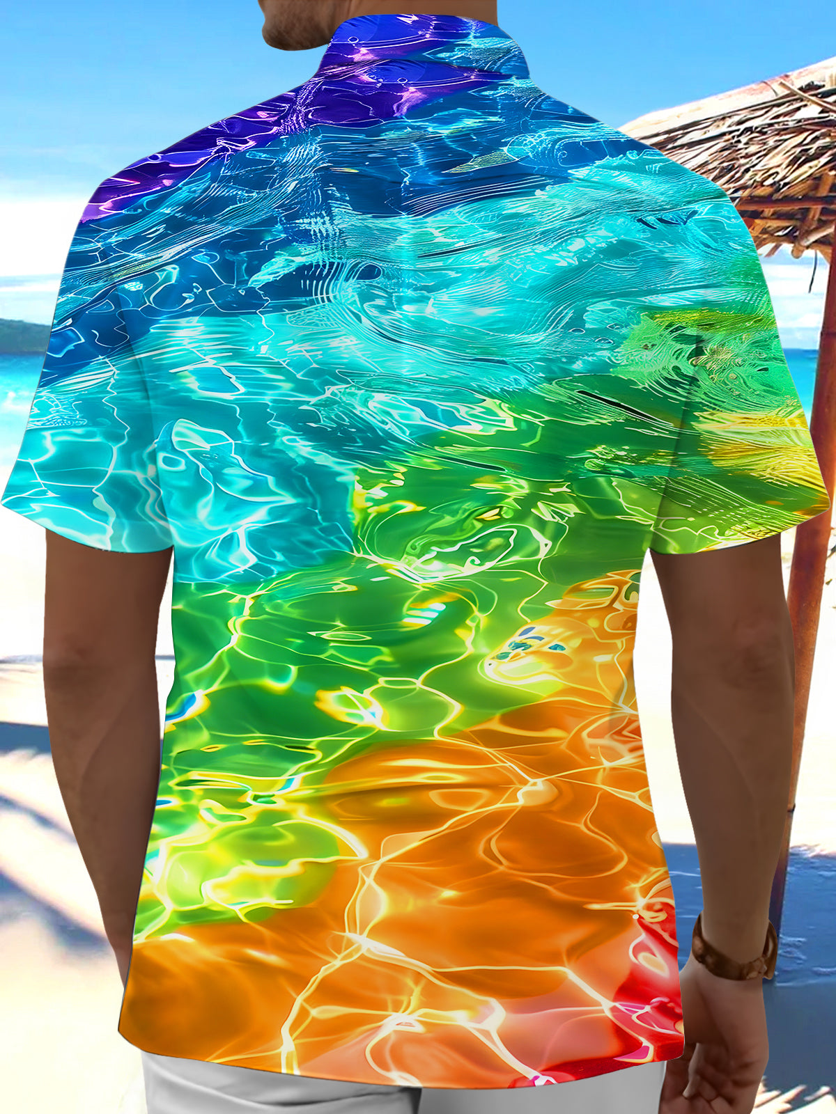 Hawaiian Rainbow Colored Water Ripples Men's Pocket Short Sleeve Shirts