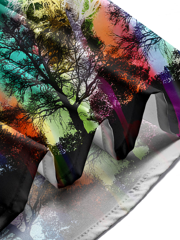 Men in forest rainbow print pocket short sleeve shirt enjoying nature