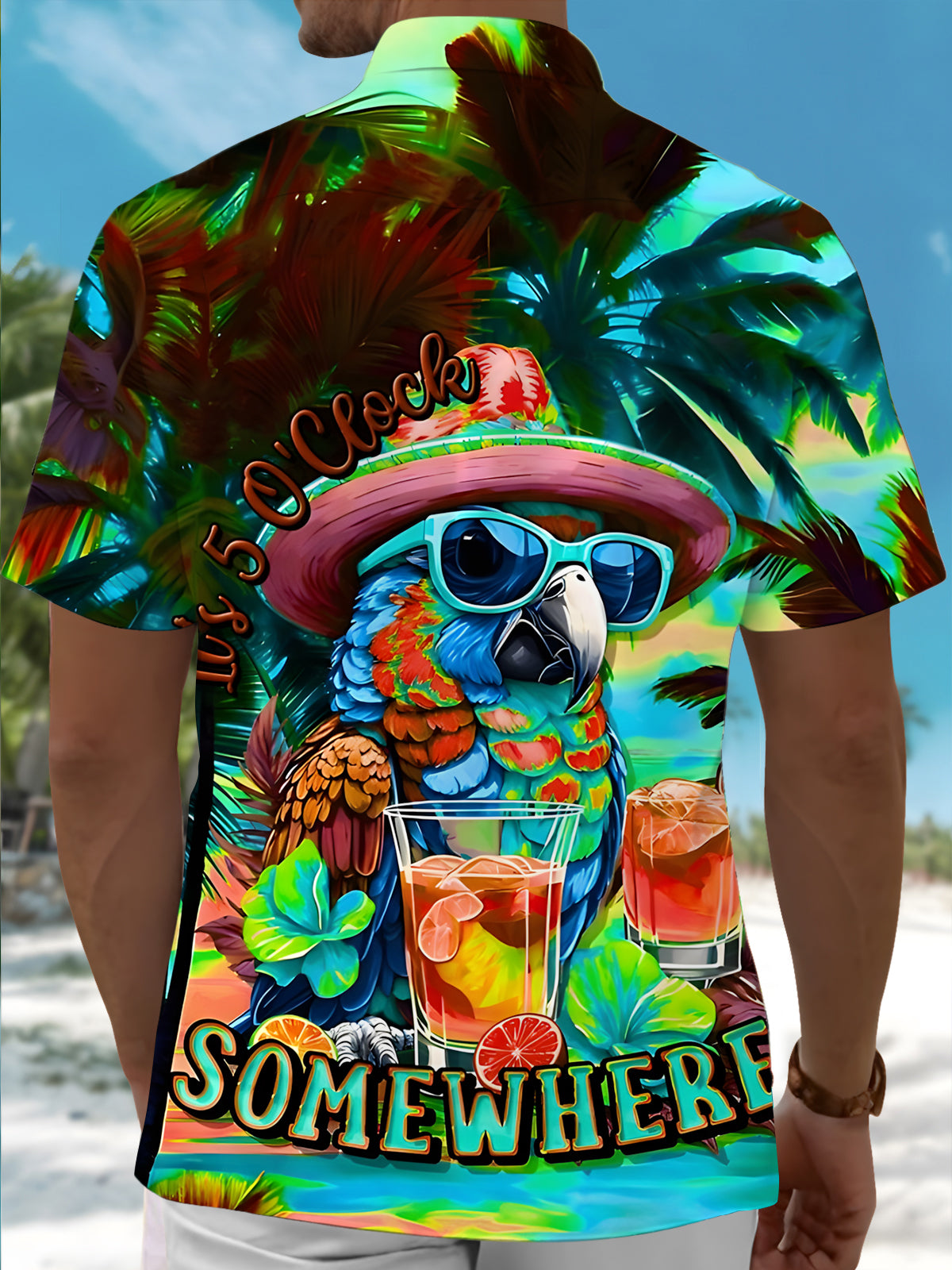 Hawaiian Coconut Tree Parrot Men's Pocket Short Sleeve Shirts