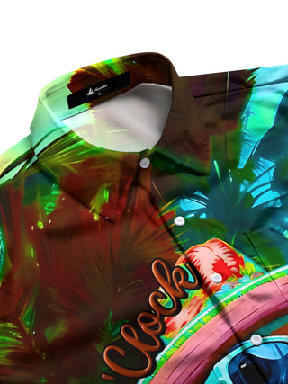 Men's Hawaiian aloha coconut tree parrot print short sleeve shirt side view