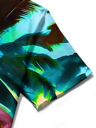 Men's Hawaiian short sleeve shirt with coconut tree and parrot pattern close-up detail of fabric texture