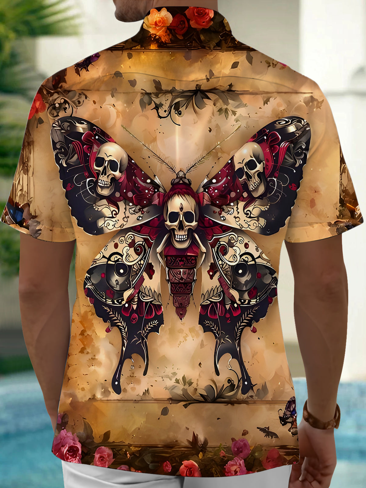 Retro Skull Butterfly Men's Pocket Short Sleeve Shirts