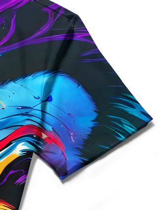 Men's joker face print short sleeve shirt stitching close-up