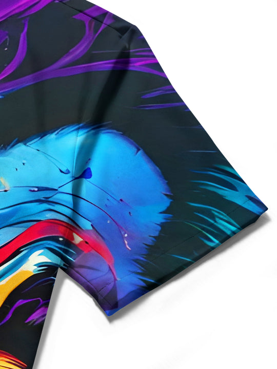 Men's joker face print short sleeve shirt stitching close-up