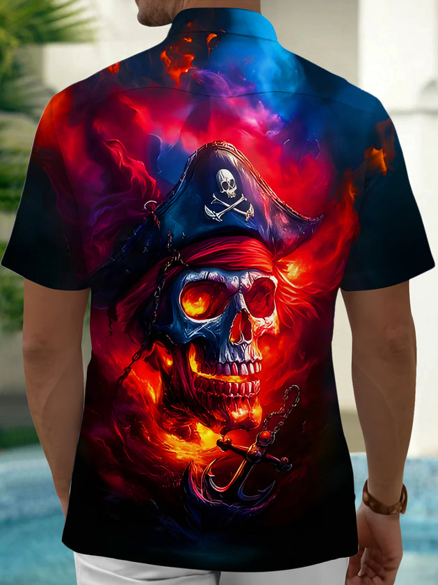 Men's dark abstract skull anchor pocket short sleeve shirt back view