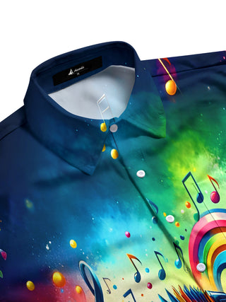 Men's short sleeve tie dye shirt with music notes pattern flat lay