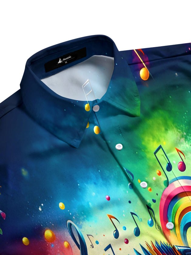 Men's short sleeve tie dye shirt with music notes pattern flat lay