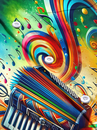 Men's tie dye music notes short sleeve shirt fabric detail close-up