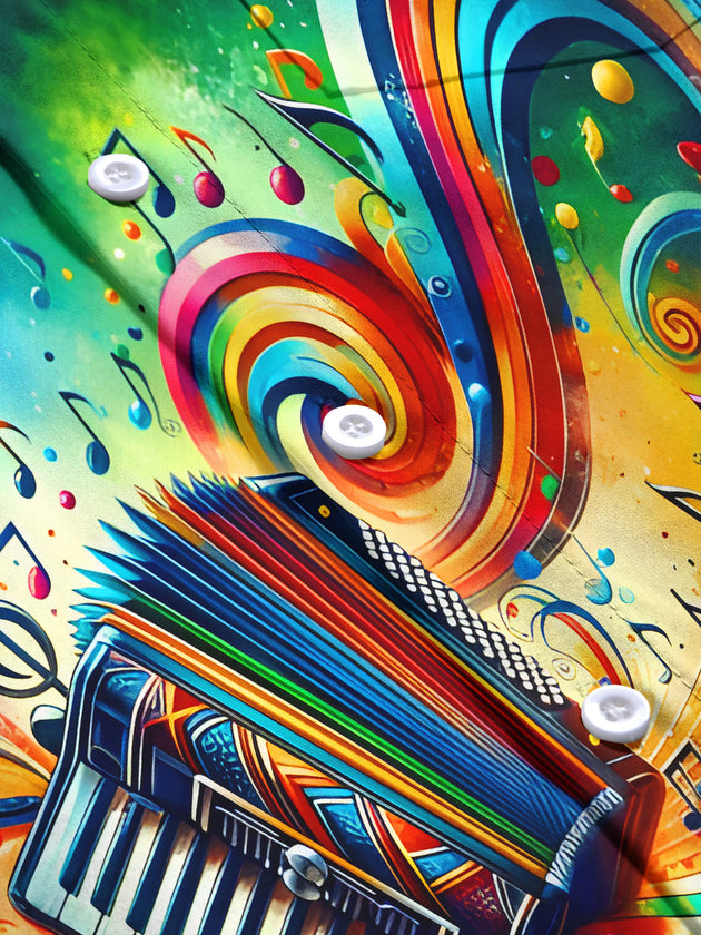 Men's tie dye music notes short sleeve shirt fabric detail close-up