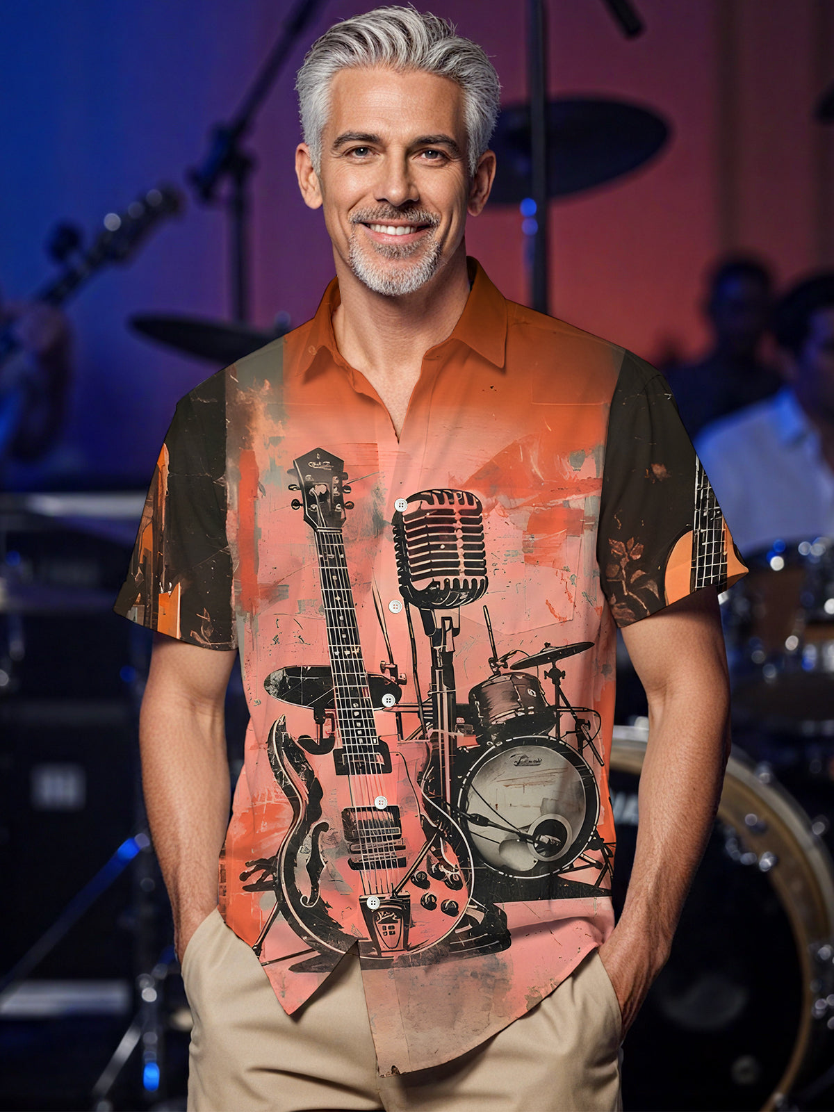 Retro Drum Set Guitar Music Instrument Men's Pocket Short Sleeve Shirts
