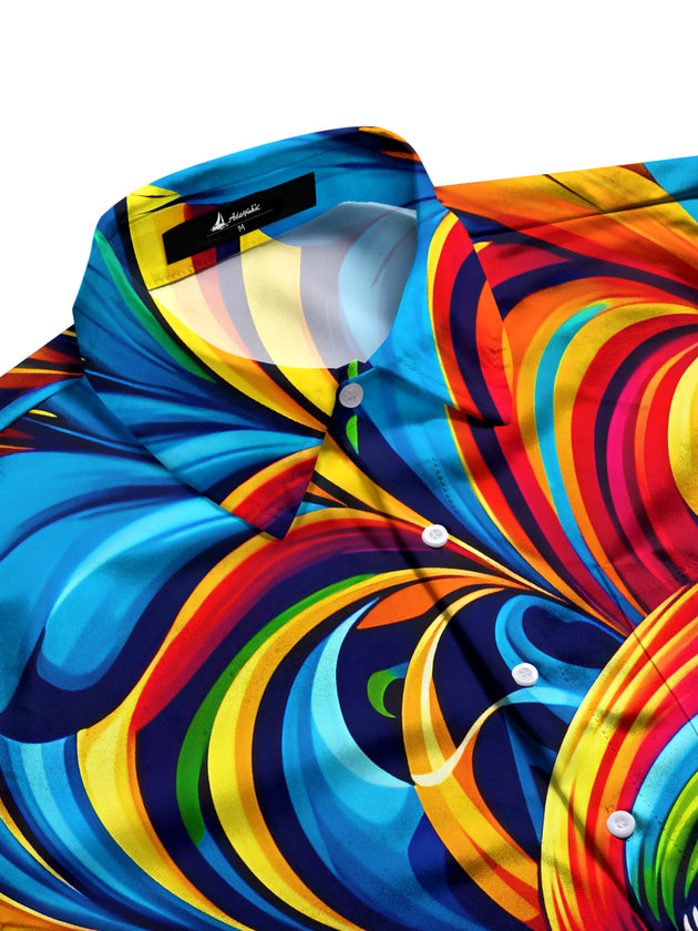 Men's colorful Hawaiian parrot short sleeve shirt side view with vibrant aloha print